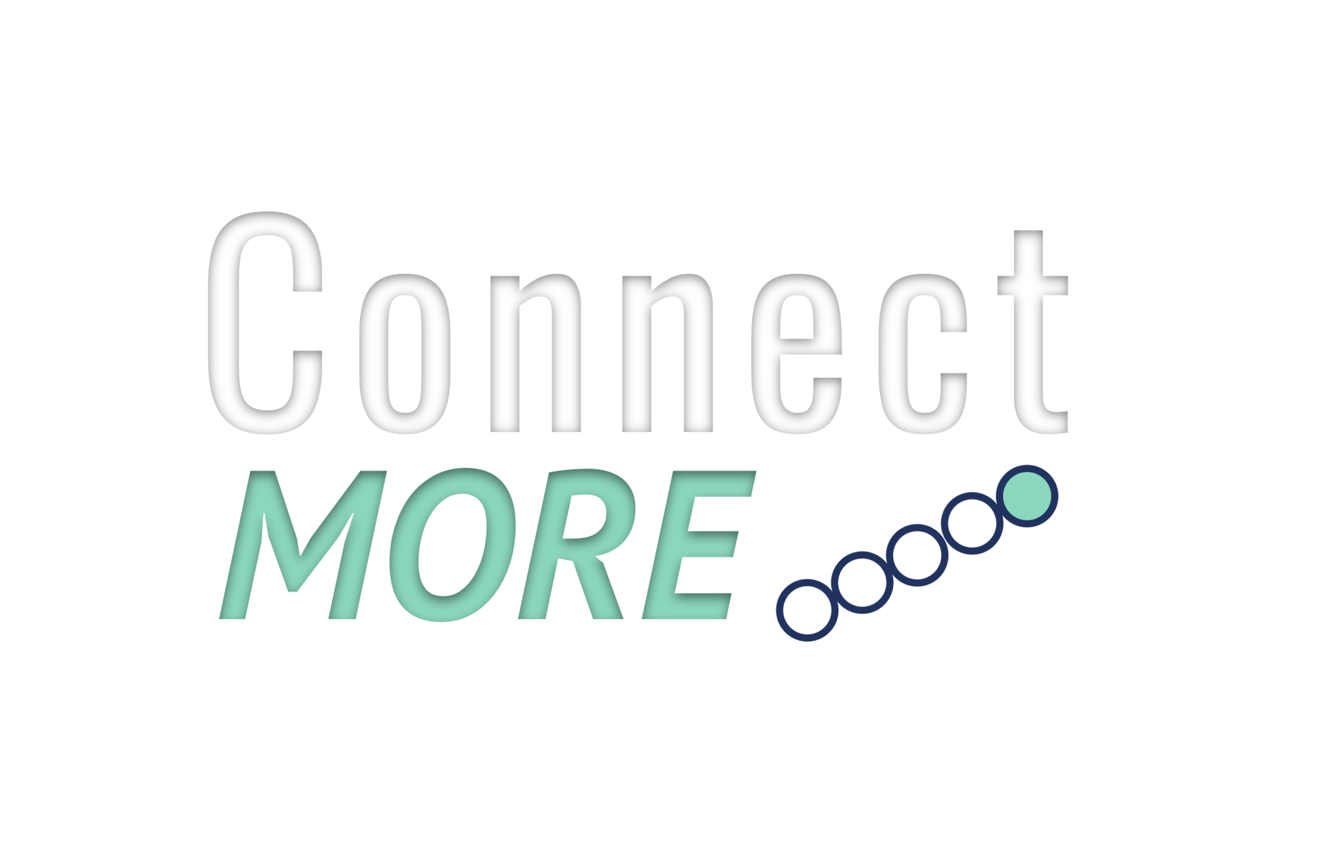 Logo design for 'Connect More Media' featuring white and teal text with a dotted line symbolizing connection, placed on a transparent background.