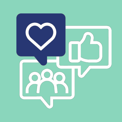 Illustration of speech bubbles featuring a heart, thumbs-up, and a group of people, symbolizing engagement, social interaction, and community, set on a mint green background.