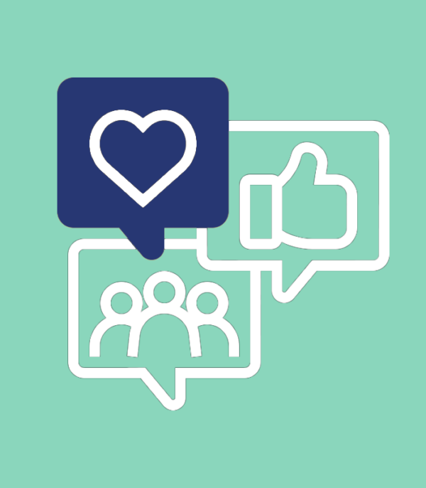 Illustration of speech bubbles featuring a heart, thumbs-up, and a group of people, symbolizing engagement, social interaction, and community, set on a mint green background.